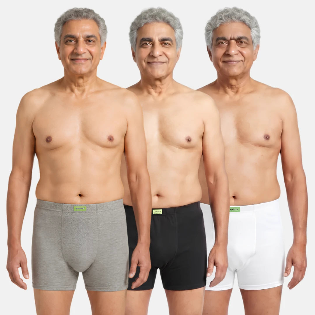 Men Wearing Incontinence Trunks Of Grey, Black & White Color Pack Of 3