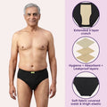 Man wearing black underwear with product features highlighted