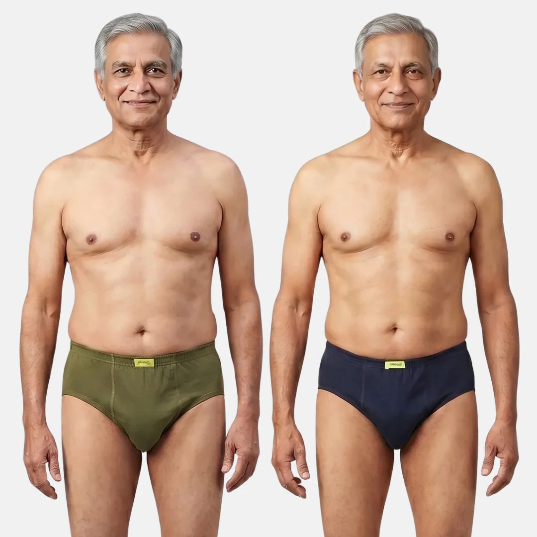 Men Wearing Incontinence Briefs Of Green & Navy Blue Color