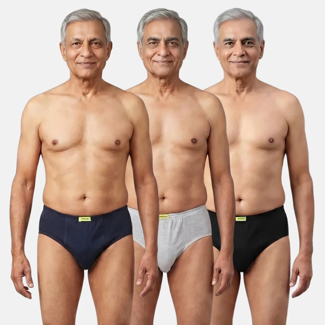 Men Wearing Incontinence Briefs Of Navy Blue, Grey & Black Color