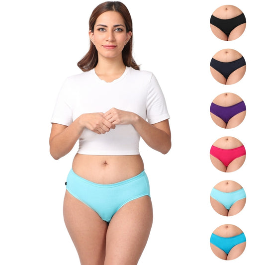 Mid Waist Cotton Underwear For Women | Full Hip Coverage |No Exposed Elastic At Waist & Thigh Round | Friction free | 6 Pack