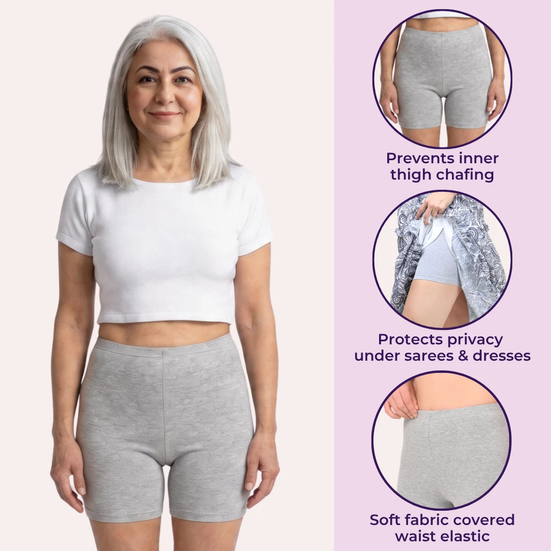 Woman wearing a three different poses with white crop top and black shorts on a white background