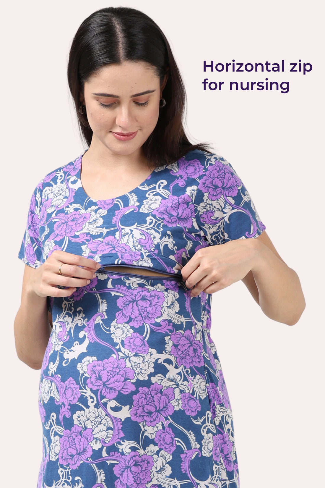 Floral Blue Maternity Gown | Horizontal Zip Closures | Ideal For Pregnancy & Breastfeeding