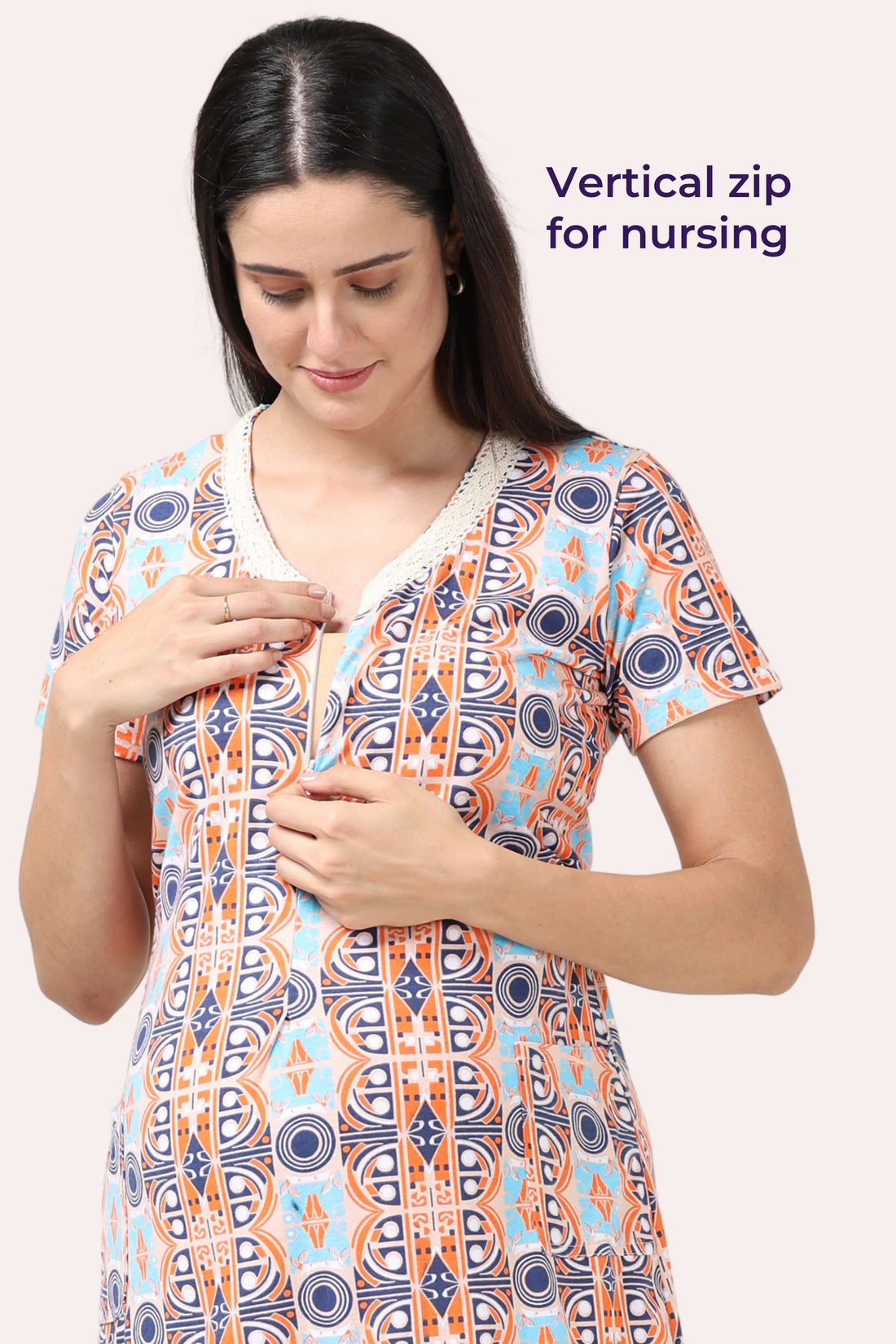 Geometric Orange-Blue Maternity Gown | Single Front Vertical Zip Closure | Ideal For Pregnancy & Breastfeeding