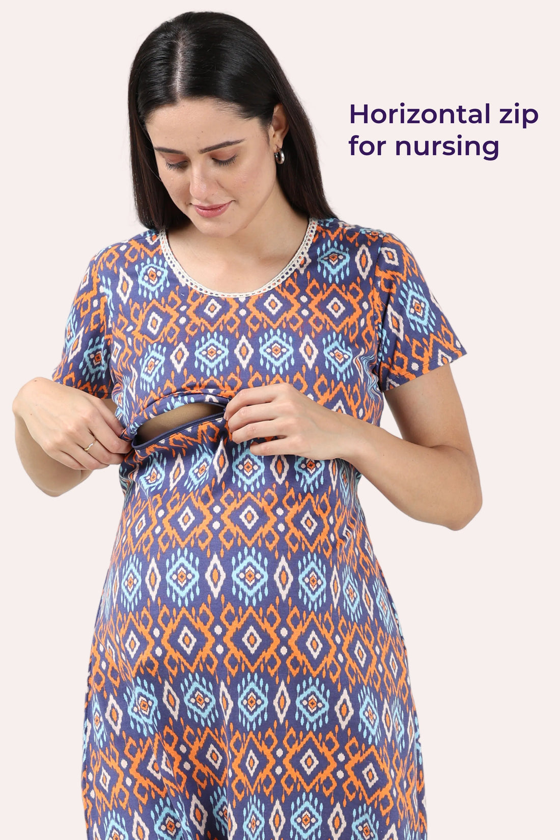 Tribal Print Maternity Gown | Horizontal Zip Closures | Ideal For Pregnancy & Breastfeeding