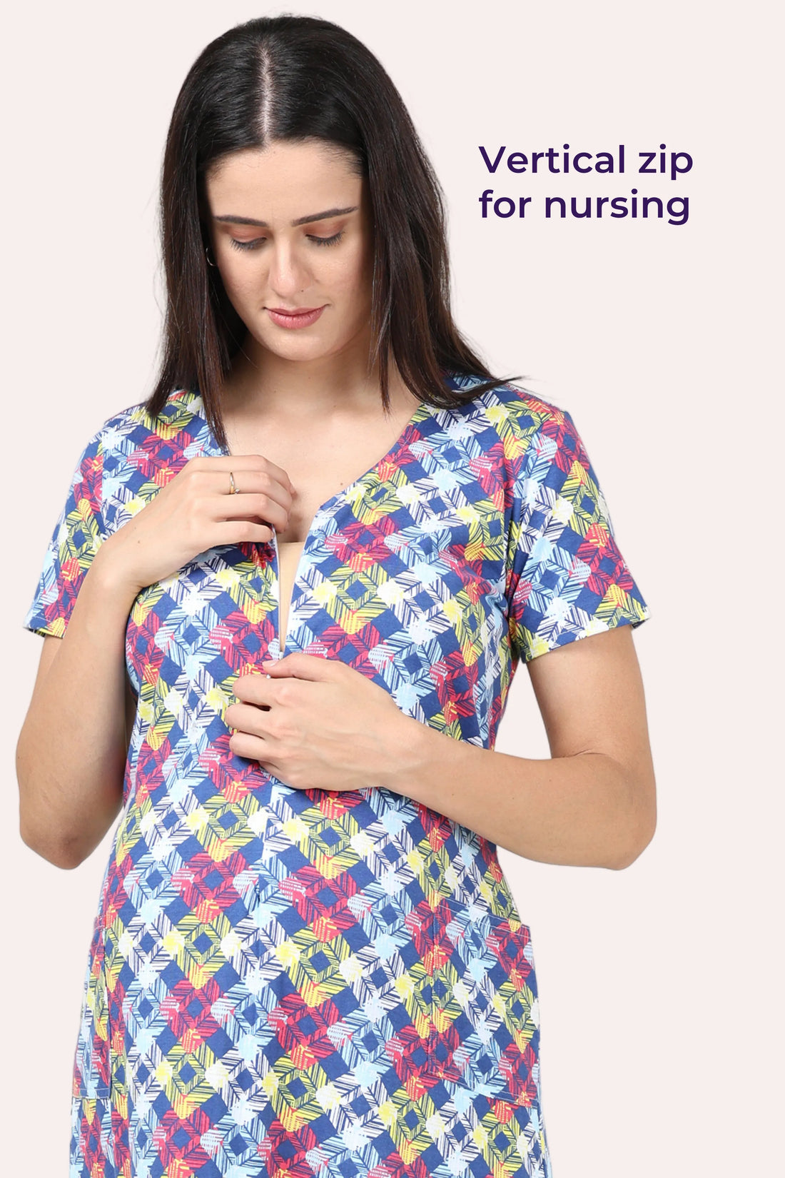 Geometric Print Maternity Gown | Single front Vertical Zip Closure | Ideal For Pregnancy & Breastfeeding