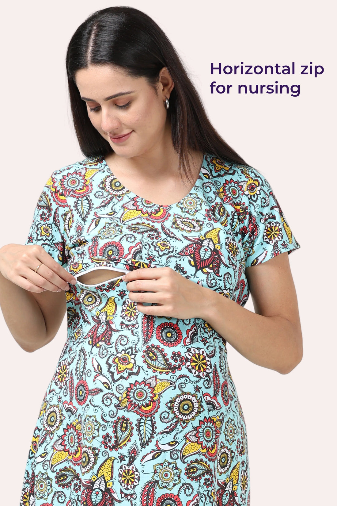 Vibrant Paisley Maternity Gown | Horizontal Zip Closures | Perfect For Pregnancy & Breastfeeding