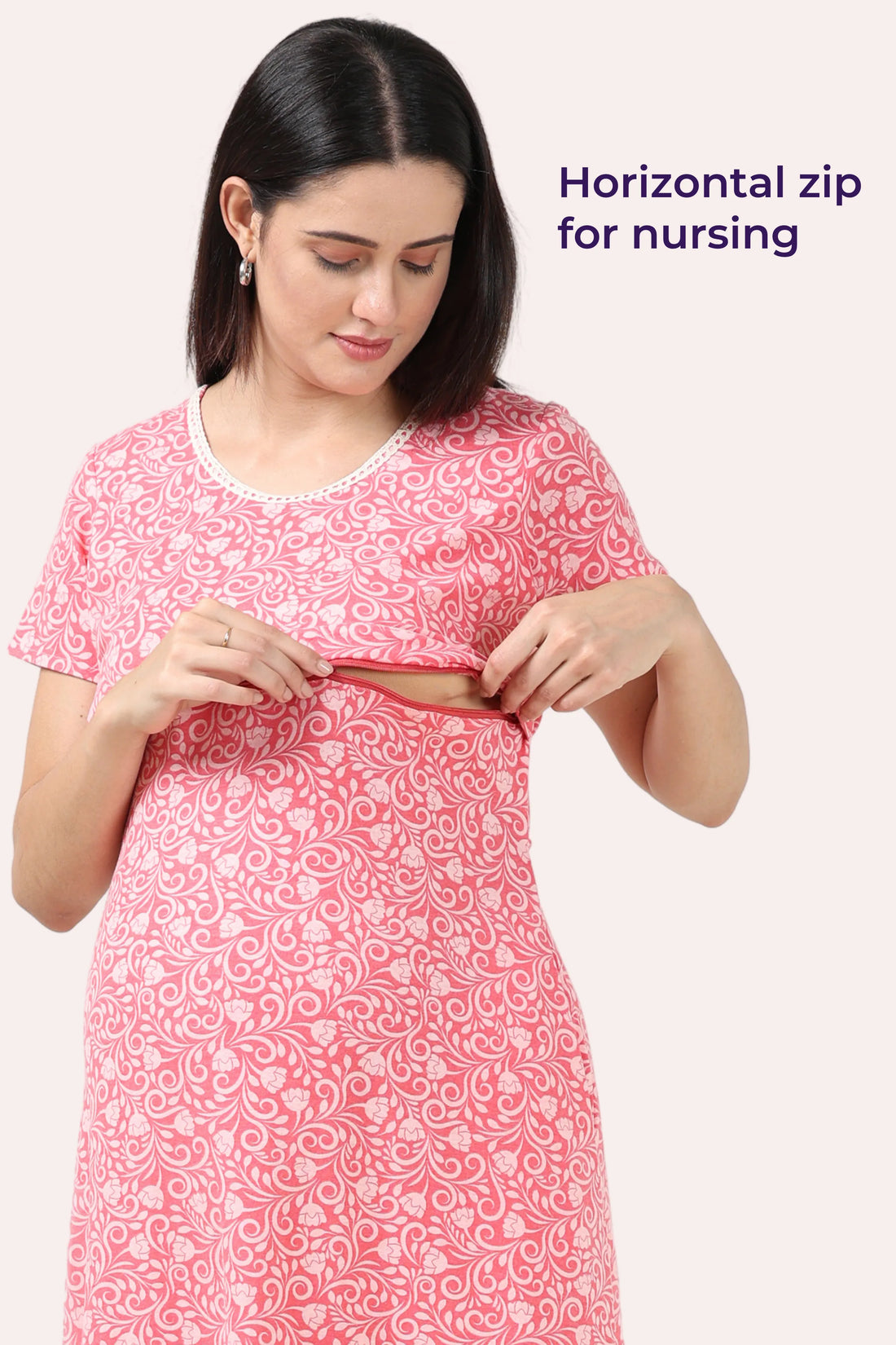 Soft Pink Floral Maternity Gown | Horizontal Zip Closures | Ideal For Pregnancy & Breastfeeding