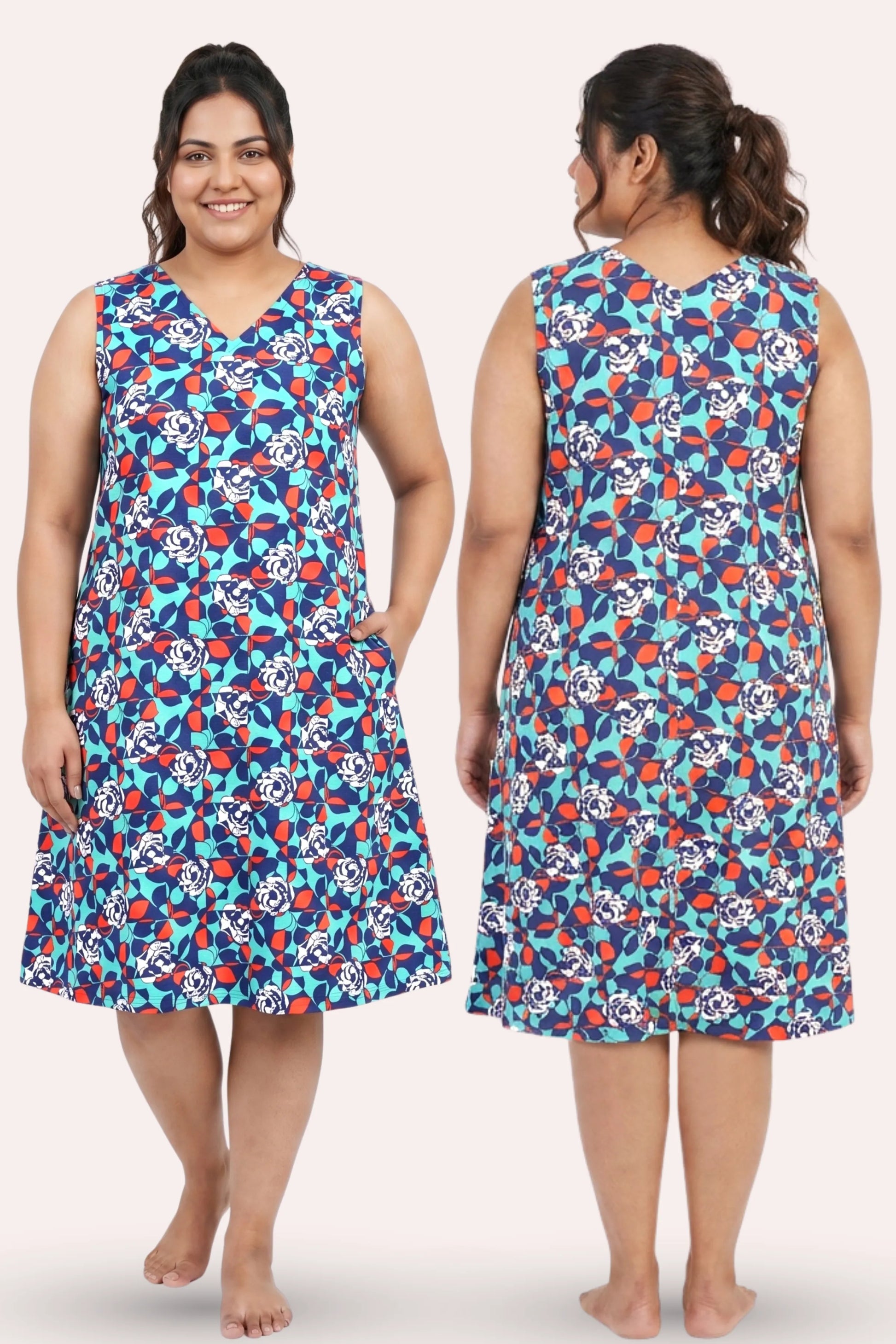 Woman wearing a sleeveless dress with blue floral pattern