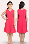 A young girl modeling a sleeveless V-neck A-line dress, shown from both the front and back views.