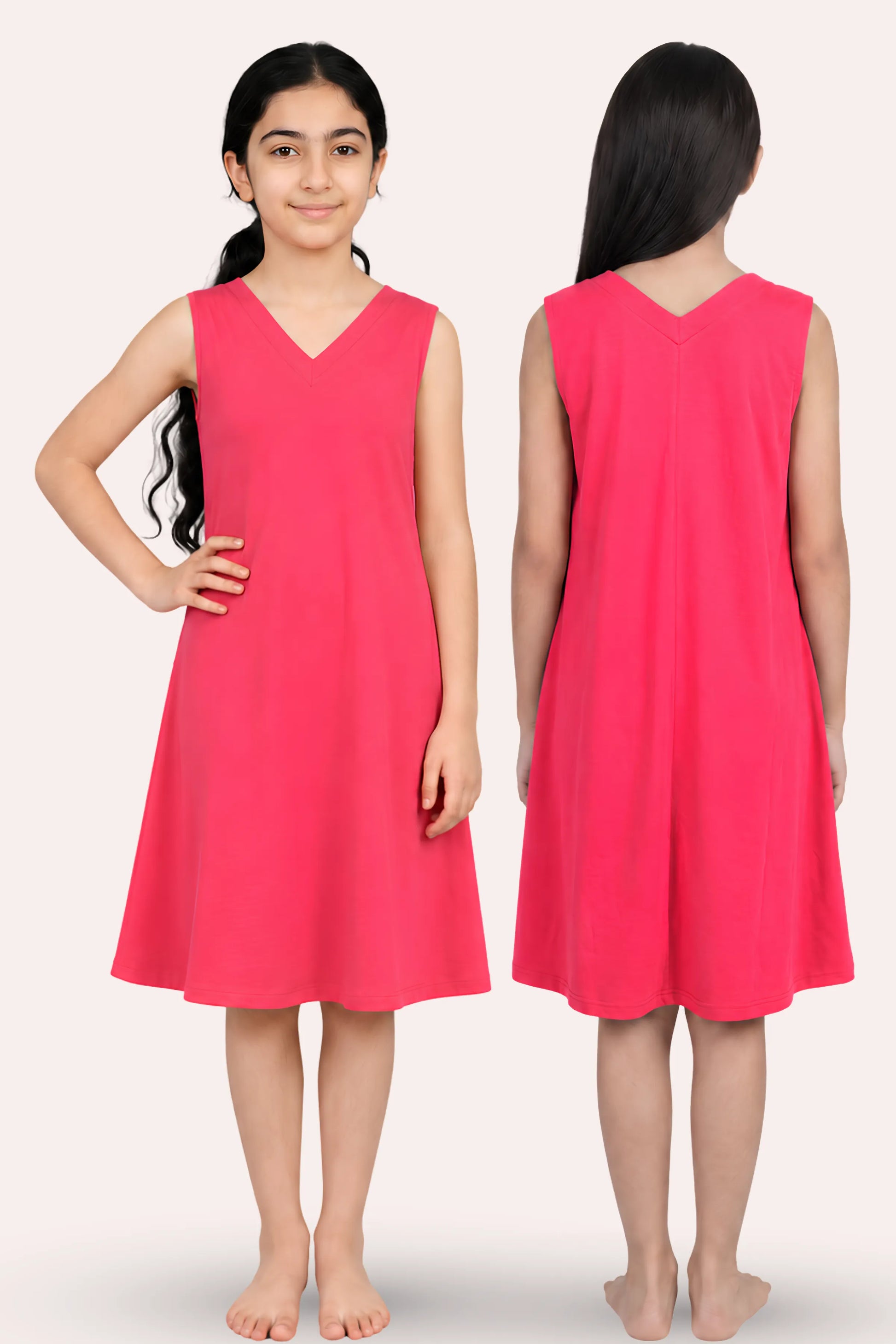 A young girl modeling a sleeveless V-neck A-line dress, shown from both the front and back views.