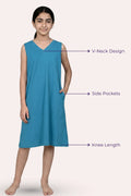 Blue sleeveless dress with V-neck design, side pockets, and knee length features