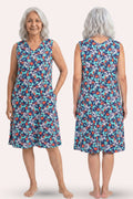 A elder woman modeling a sleeveless knee-length dress from the front and back view