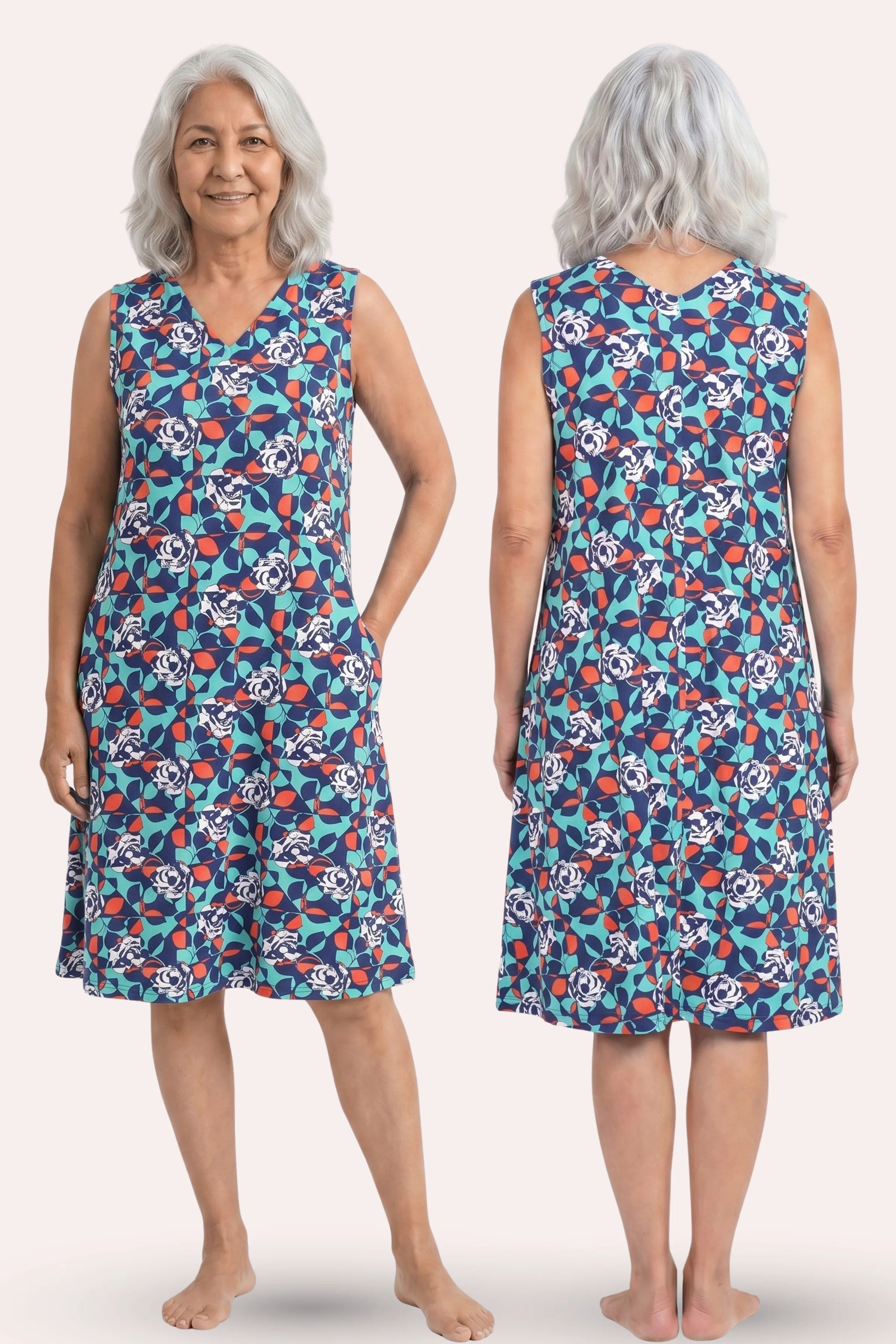 A elder woman modeling a sleeveless knee-length dress from the front and back view