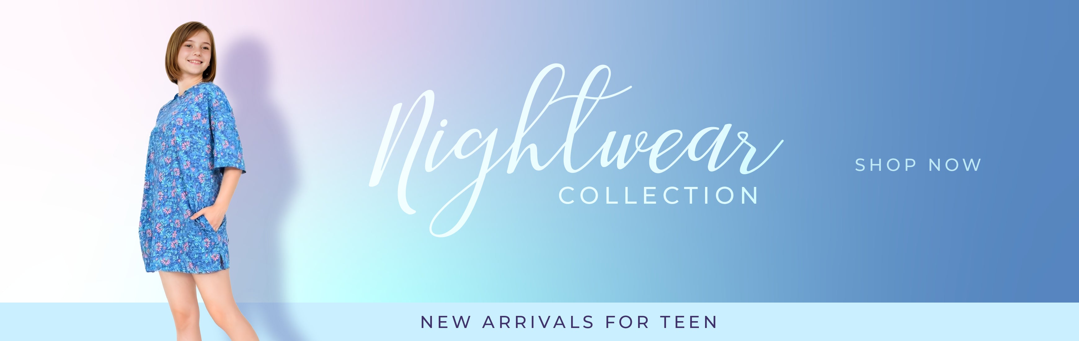 Teen wearing a blue nightgown with a gradient blue background and text promoting a nightwear collection.slider_item_dQECjb