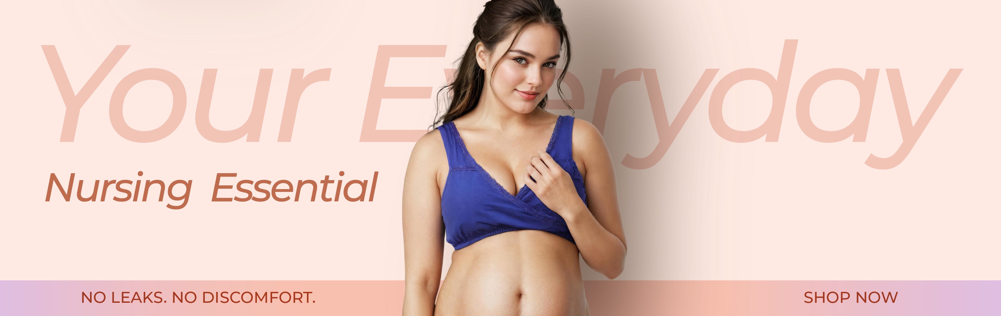 Image of soft, leak-proof blue nursing bra for daily comfort, shown on a model with text: 'No leaks. No discomfort.' - Shop nursing essentials.slider_item_78prpN