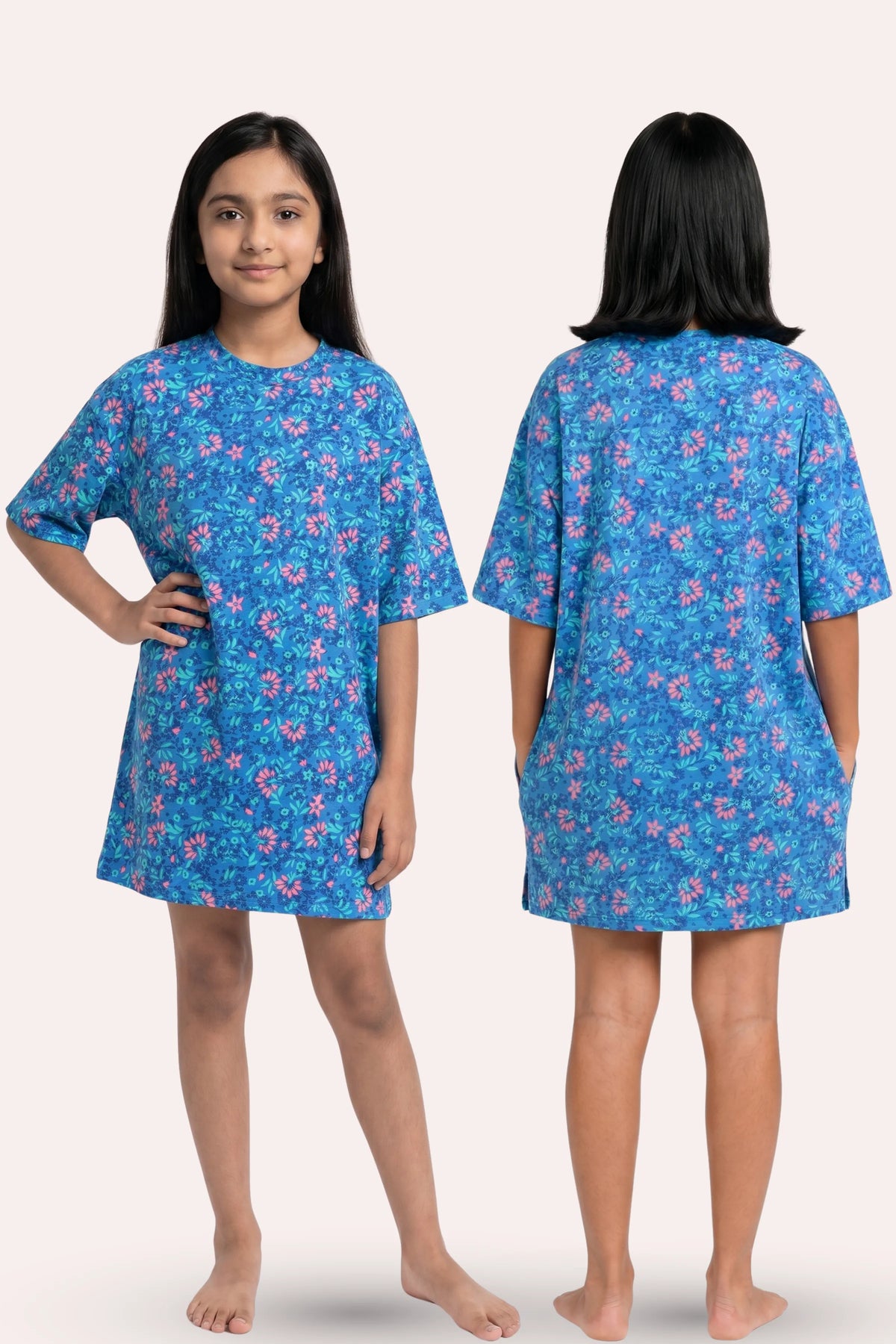 A young girl modeling a blue floral pattern, shown from both the front and back views.