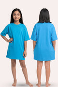 A girl model shown from the front and back wearing a bright blue t-shirt.