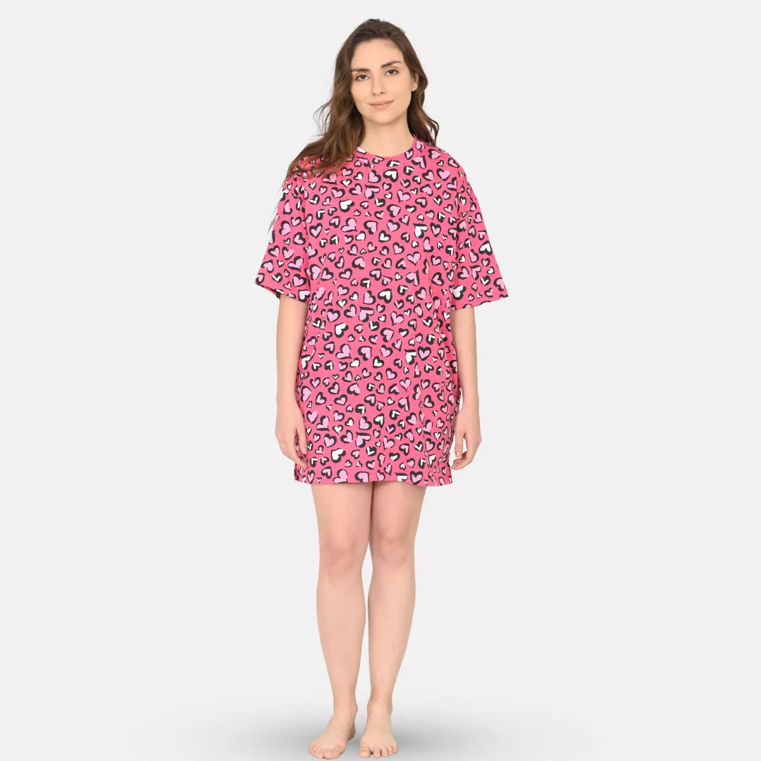 Woman wearing a candy heart aop over sized t shirt