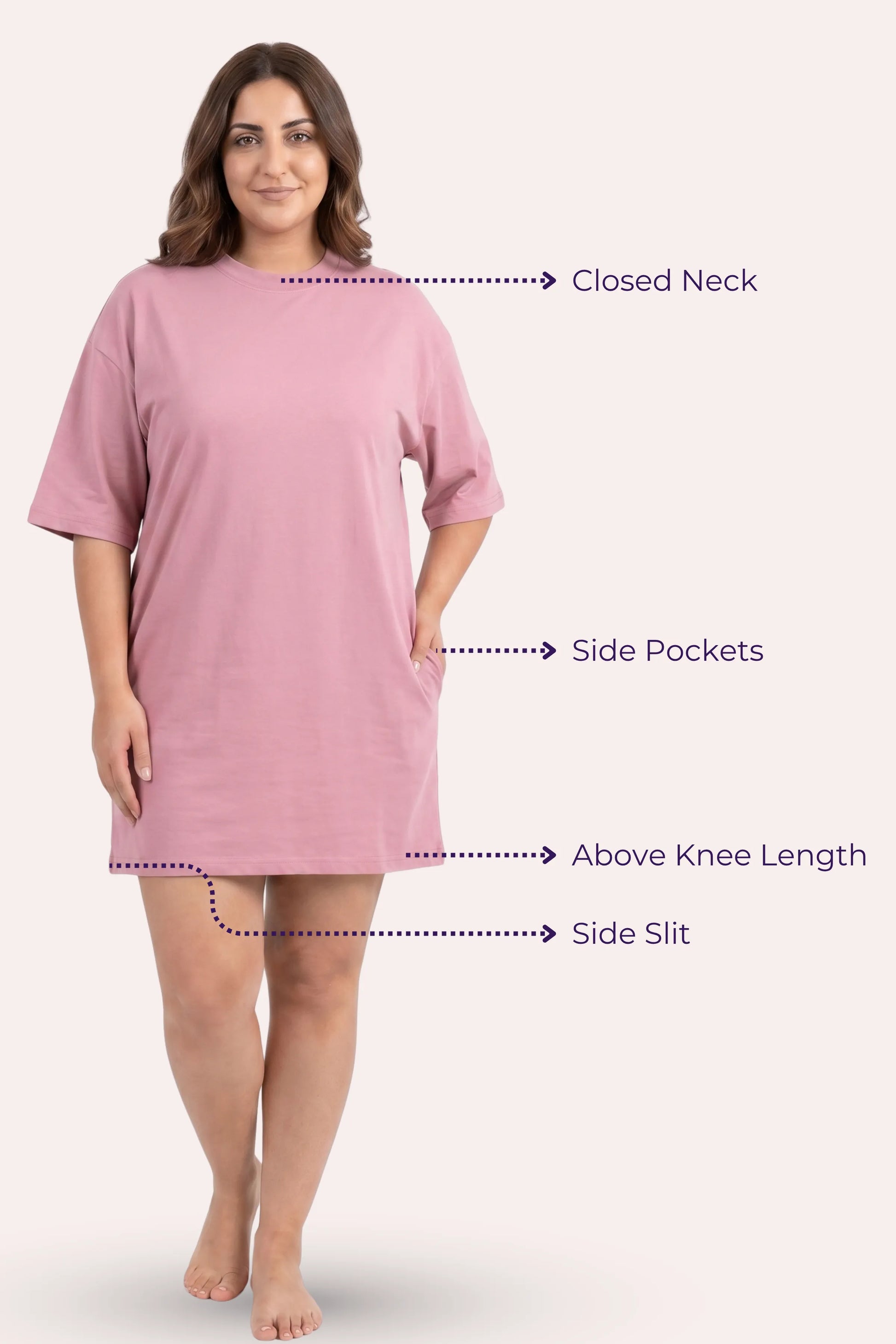 Woman wearing a pink dress with labeled features on a white background