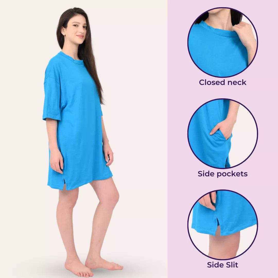 Woman wearing a bright blue nightshirt with insets