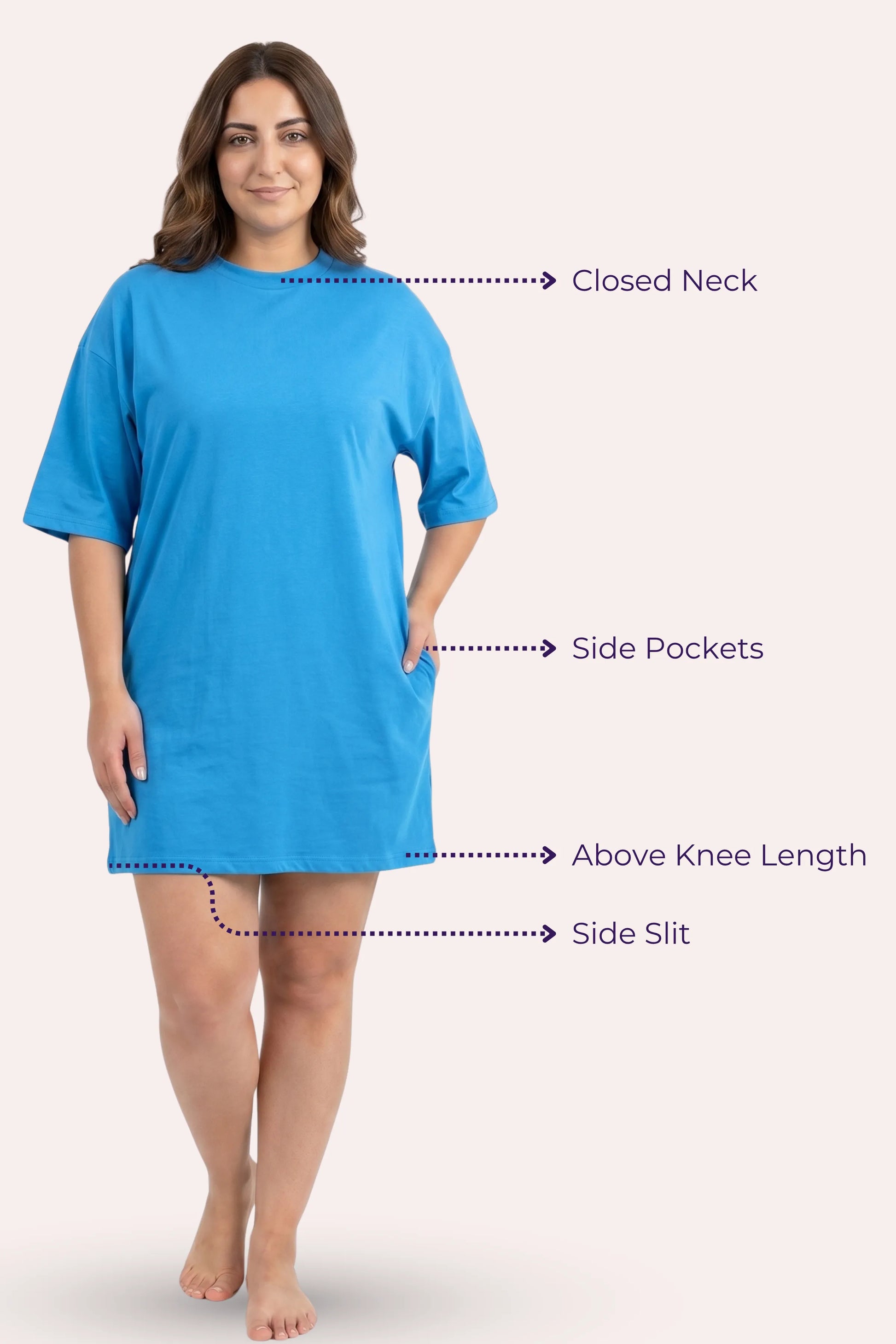 A woman model a bright blue nightshirt with callout features.