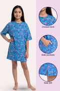 A girl model wearing a blue floral nightdress, shown beside three circular detail.