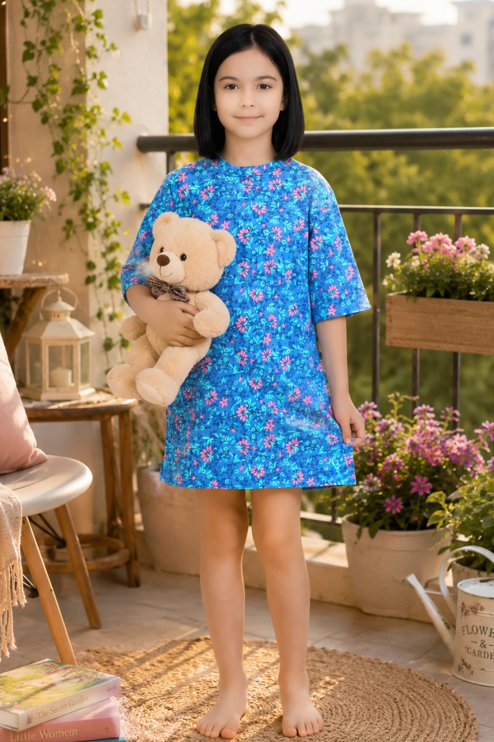 A girl wearing a blue nightgown dress with floral pattern. She is holding a beige teddy bear.