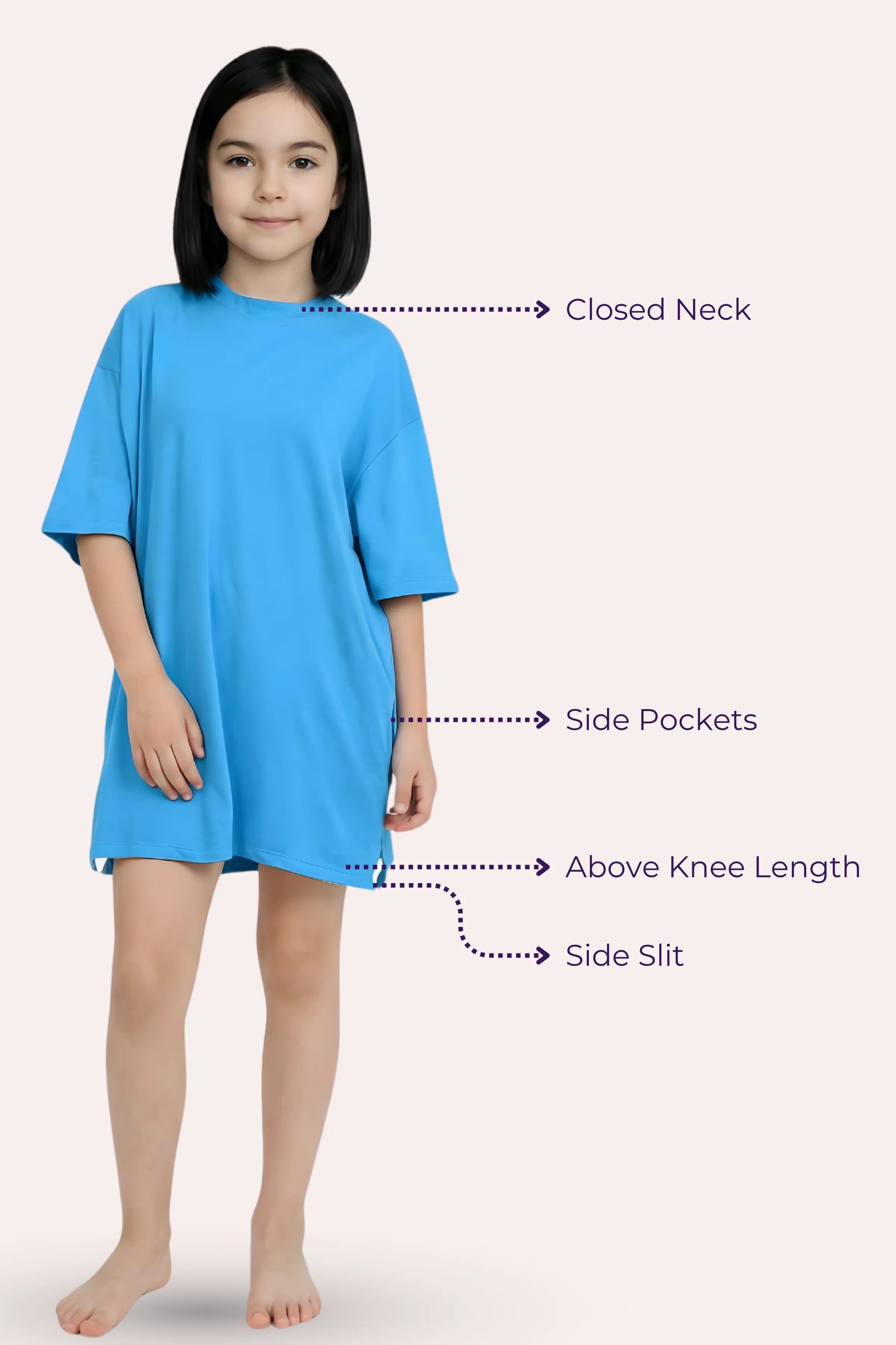 Bright Blue dress with features labeled.