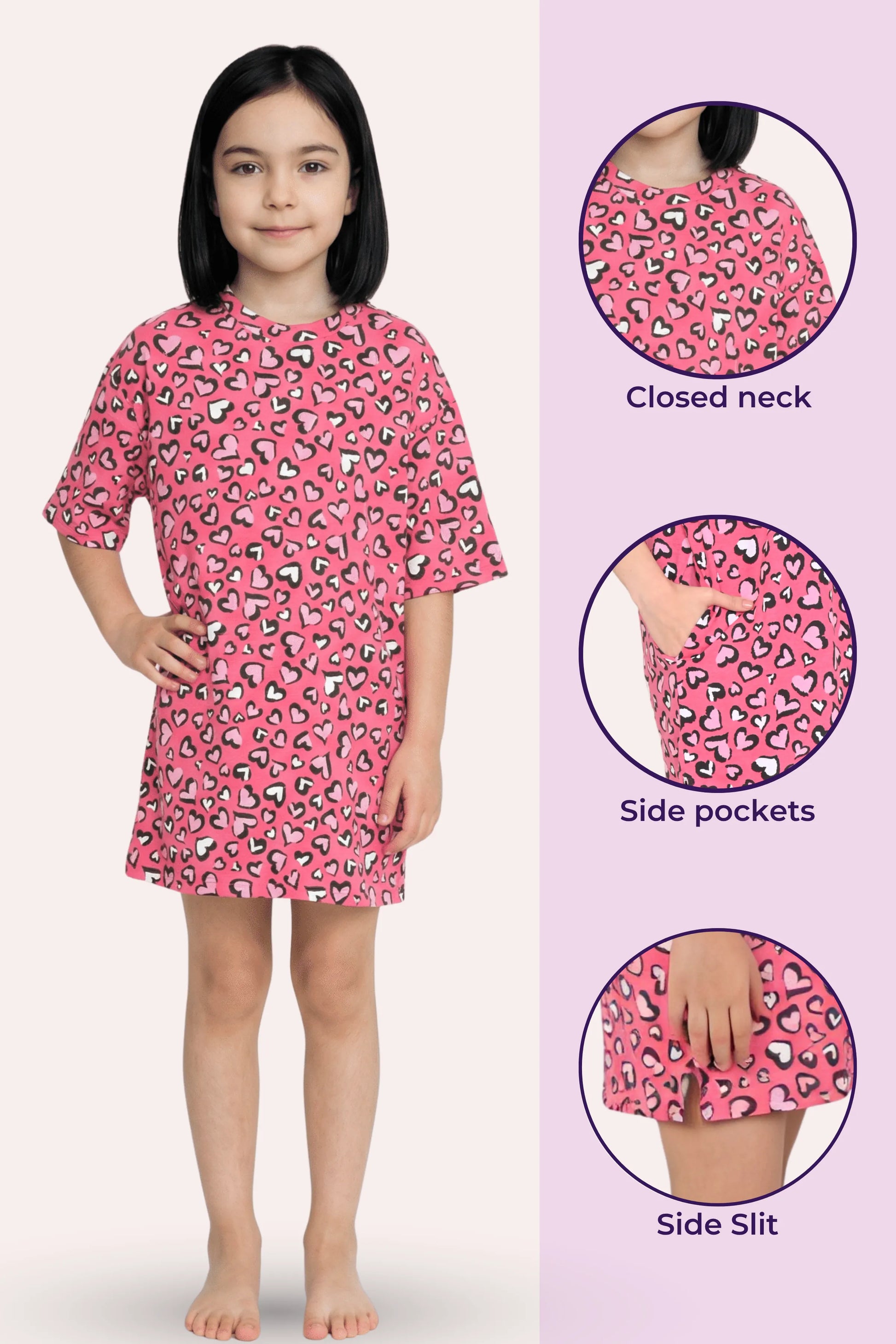 A young girl wearing T-shirts, shown alongside three circular detail callouts highlighting a closed neck, side pockets, and a side slit.