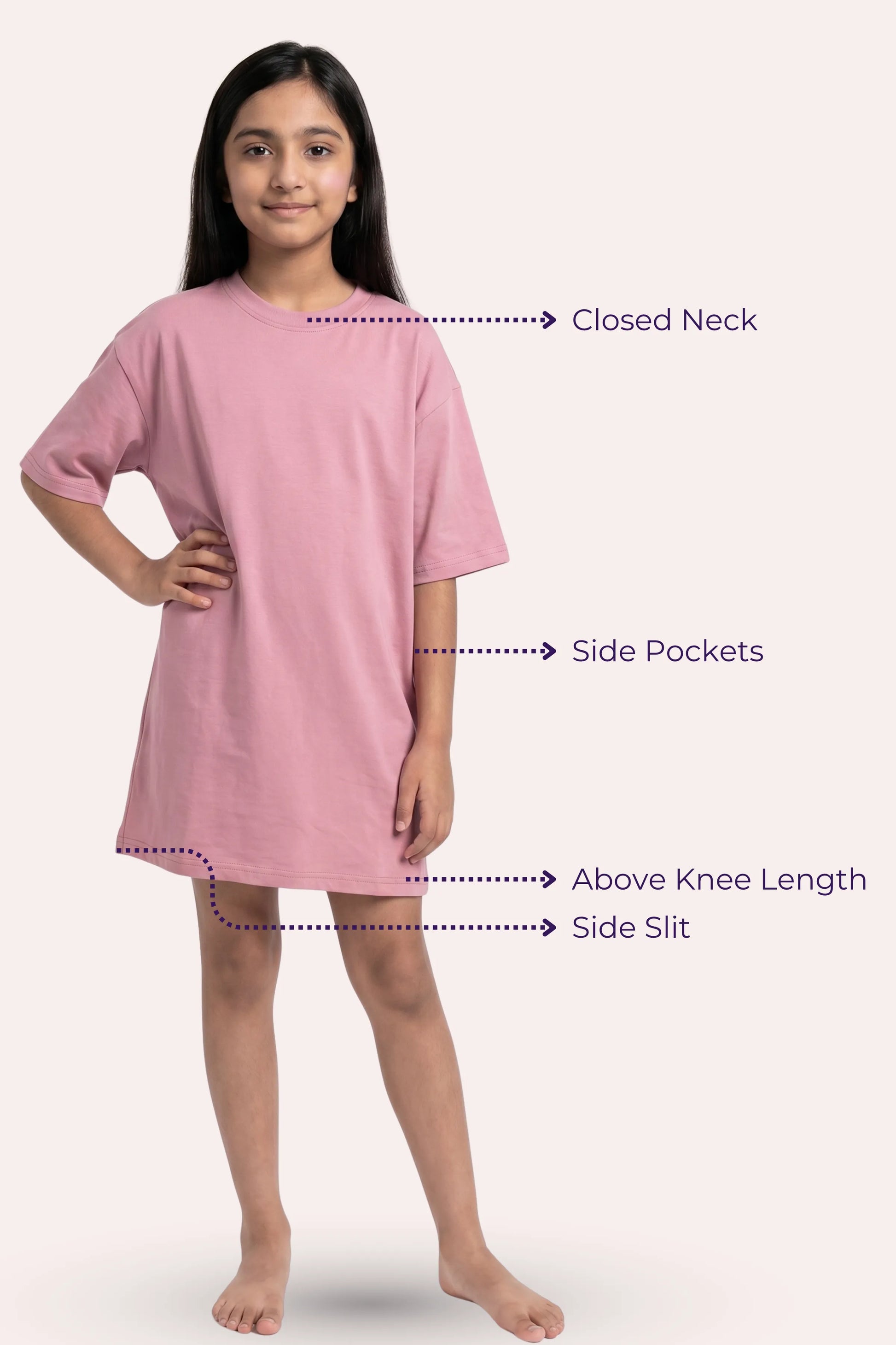 Pink dress with labeled features on a white background