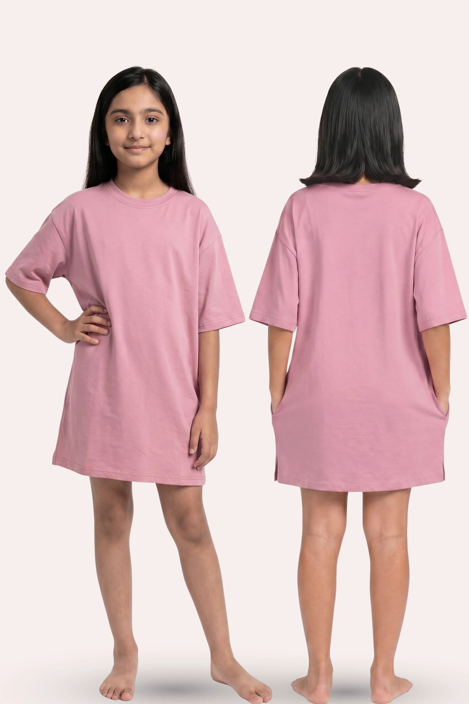 Pink nightgown worn by a model on a white background