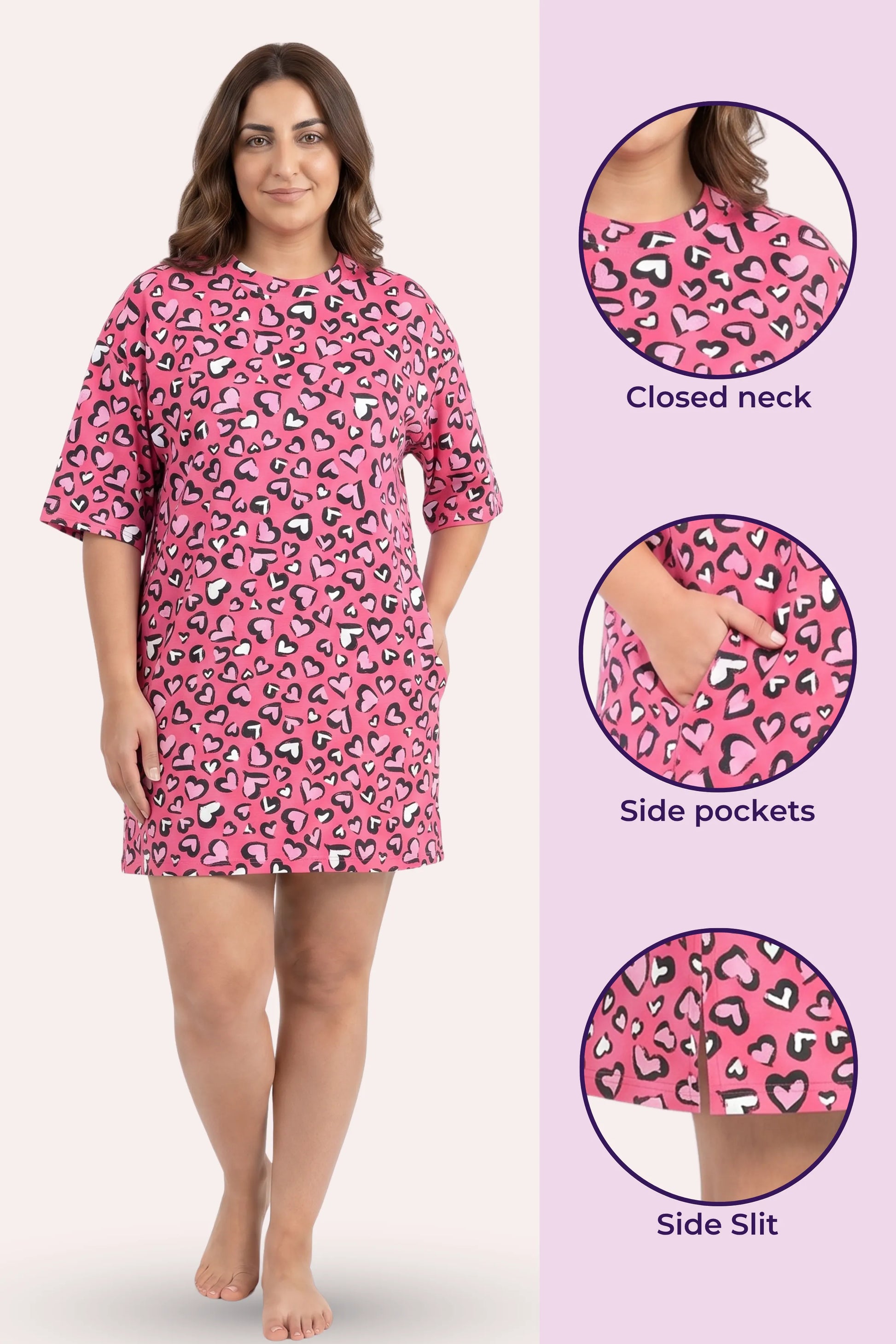 A woman model a pink t-shirt with side pockets, shown next three circular detail.