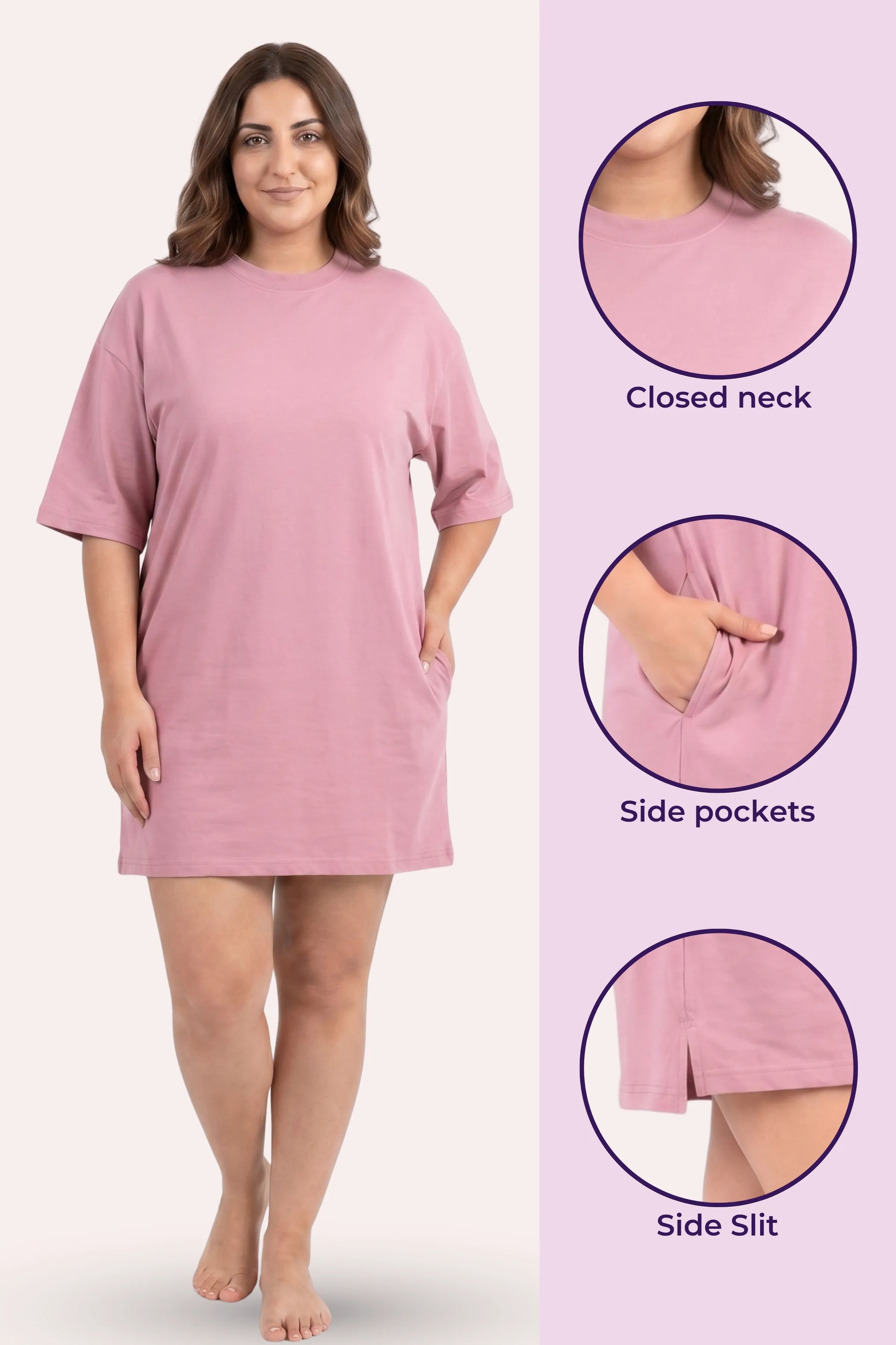 Pink nightshirt with closed neck, side pockets, and side slit.