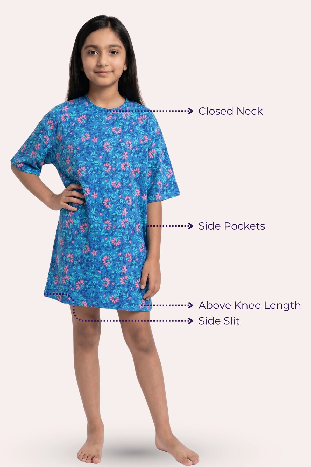 A young girl model a blue floral nightdress with text callouts pointing to features.