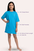 A girl model wearing a bright blue t-shirt with callout features.