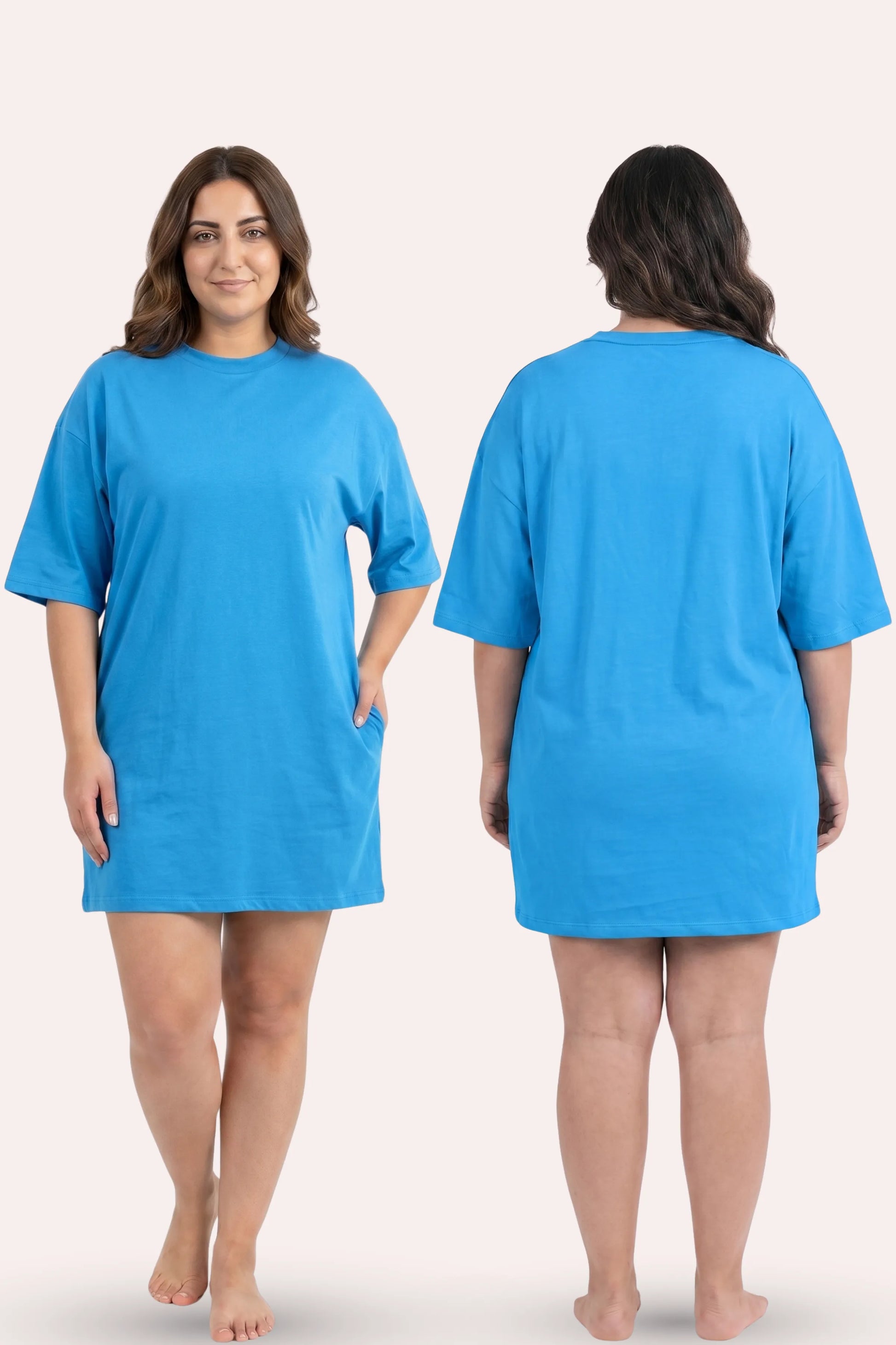 A plus-size model is shown from the front and back view wearing a bright blue t-shirt dress.