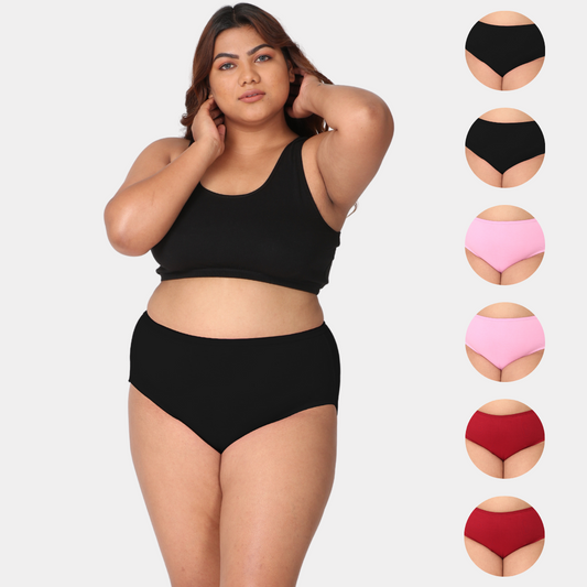 Plus Size Cotton Panties | High Waist | Full Hip Coverage | No Exposed Elastic At Waist & Thigh Round | Prevents Friction | Pack Of 6
