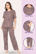 Woman wearing brown leopard print pajama set with product details
