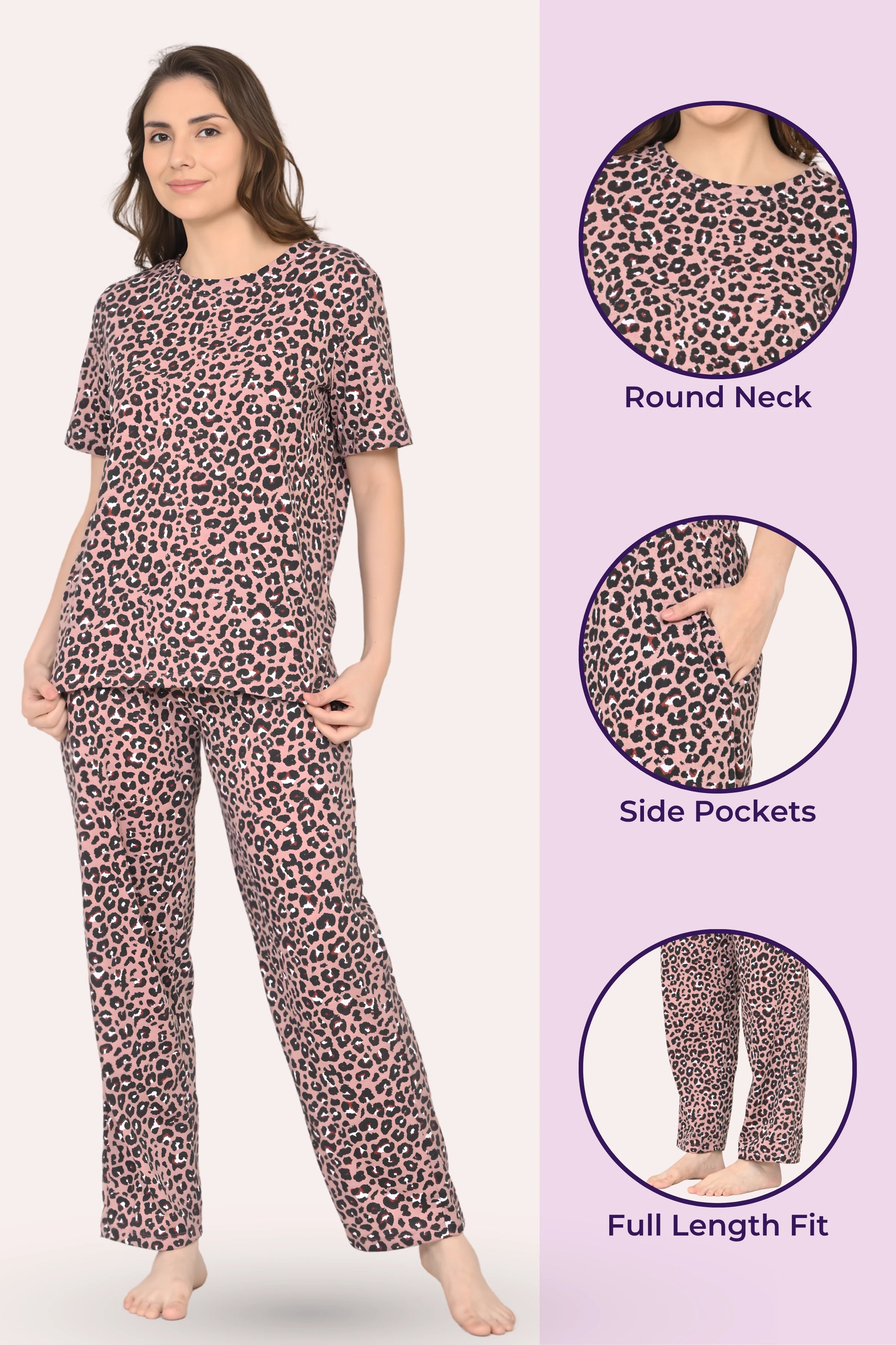 Woman wearing brown leopard print pajama set with product details