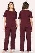 Wine pajama set worn by a model