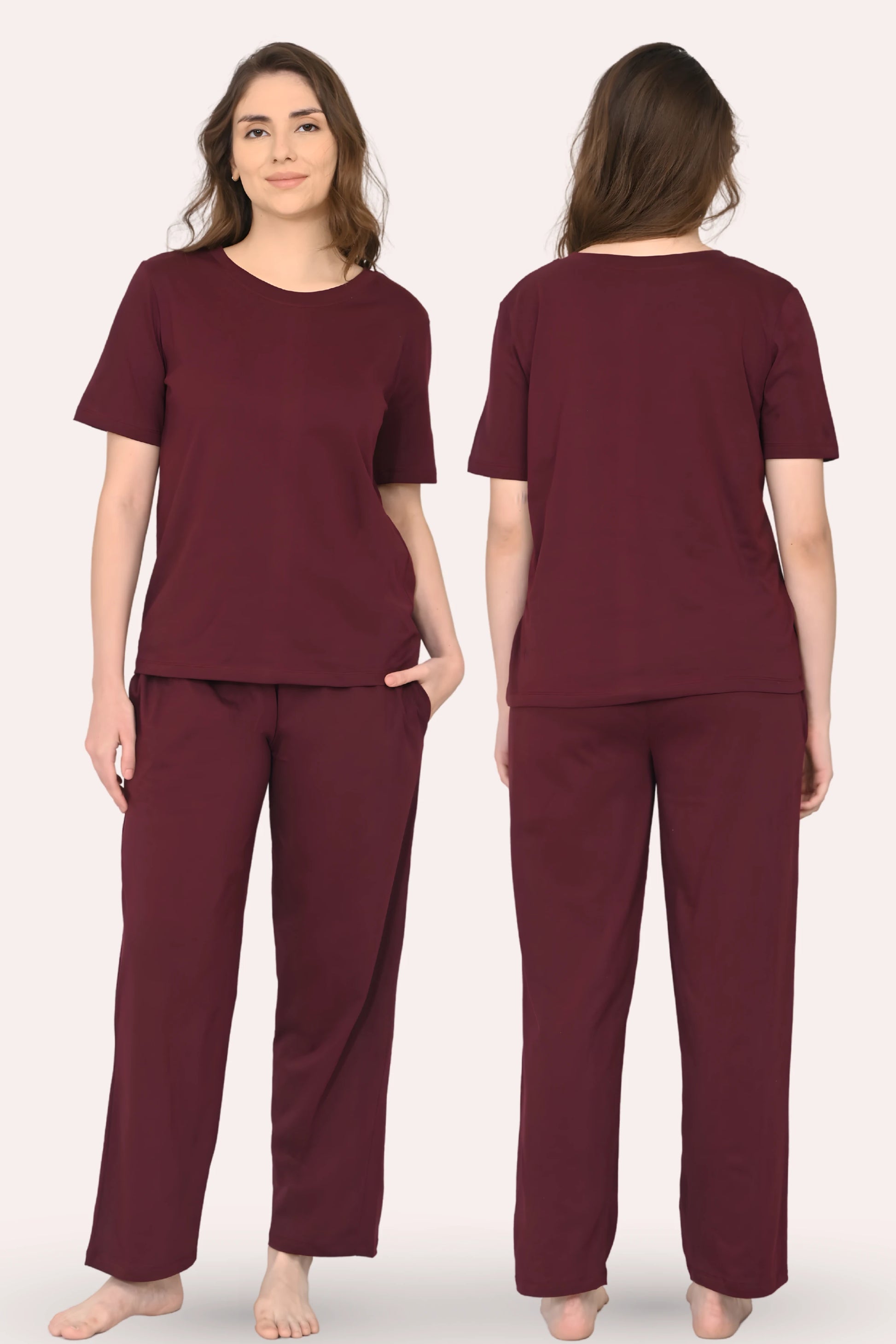 Wine pajama set worn by a model