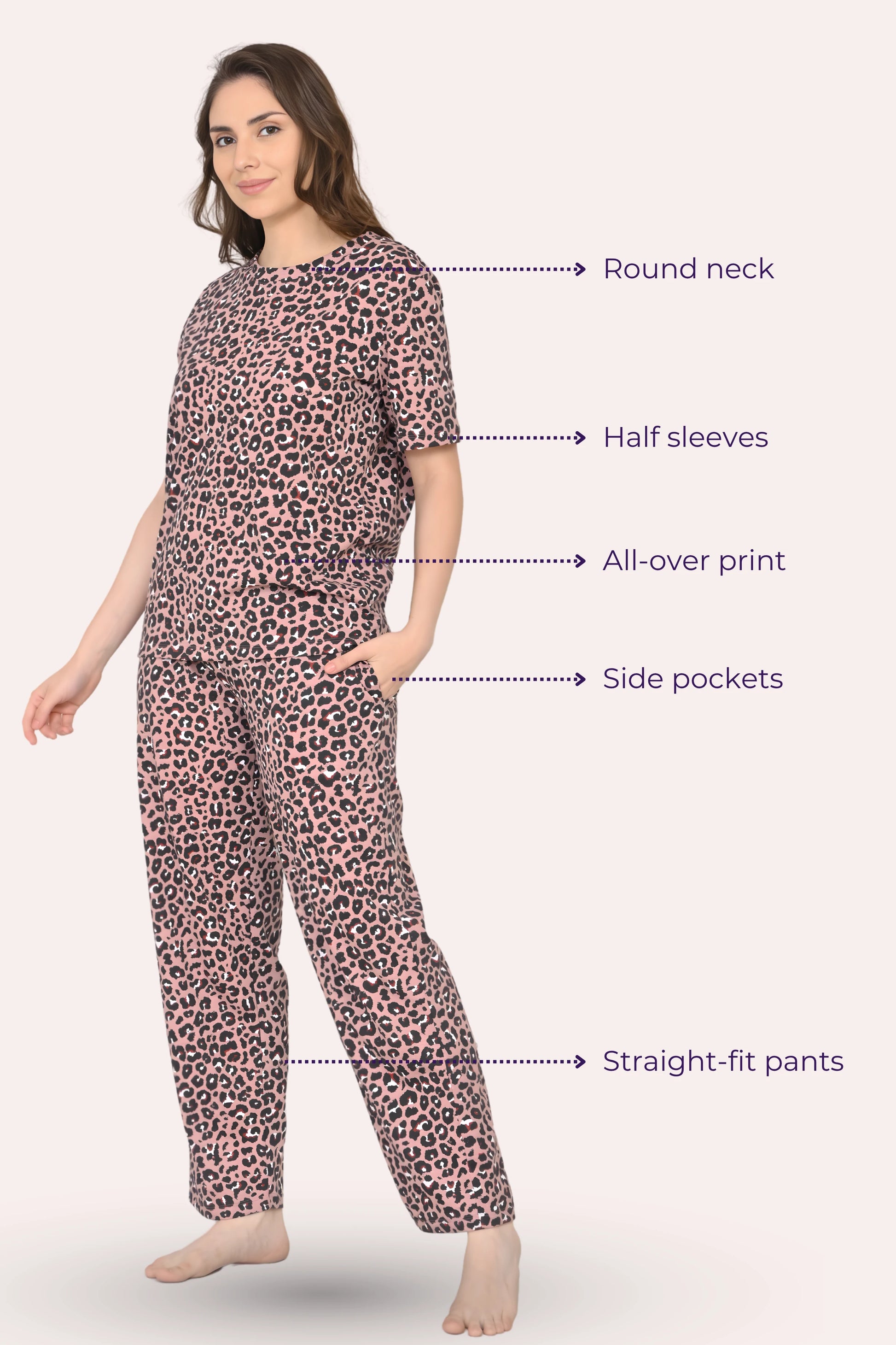 Woman wearing a brown leopard print pajama set with labeled features