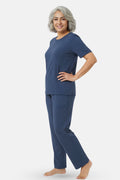 Woman wearing a airforce navy pajama set