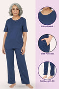 Woman wearing a airforce navy pajama set with product features highlighted