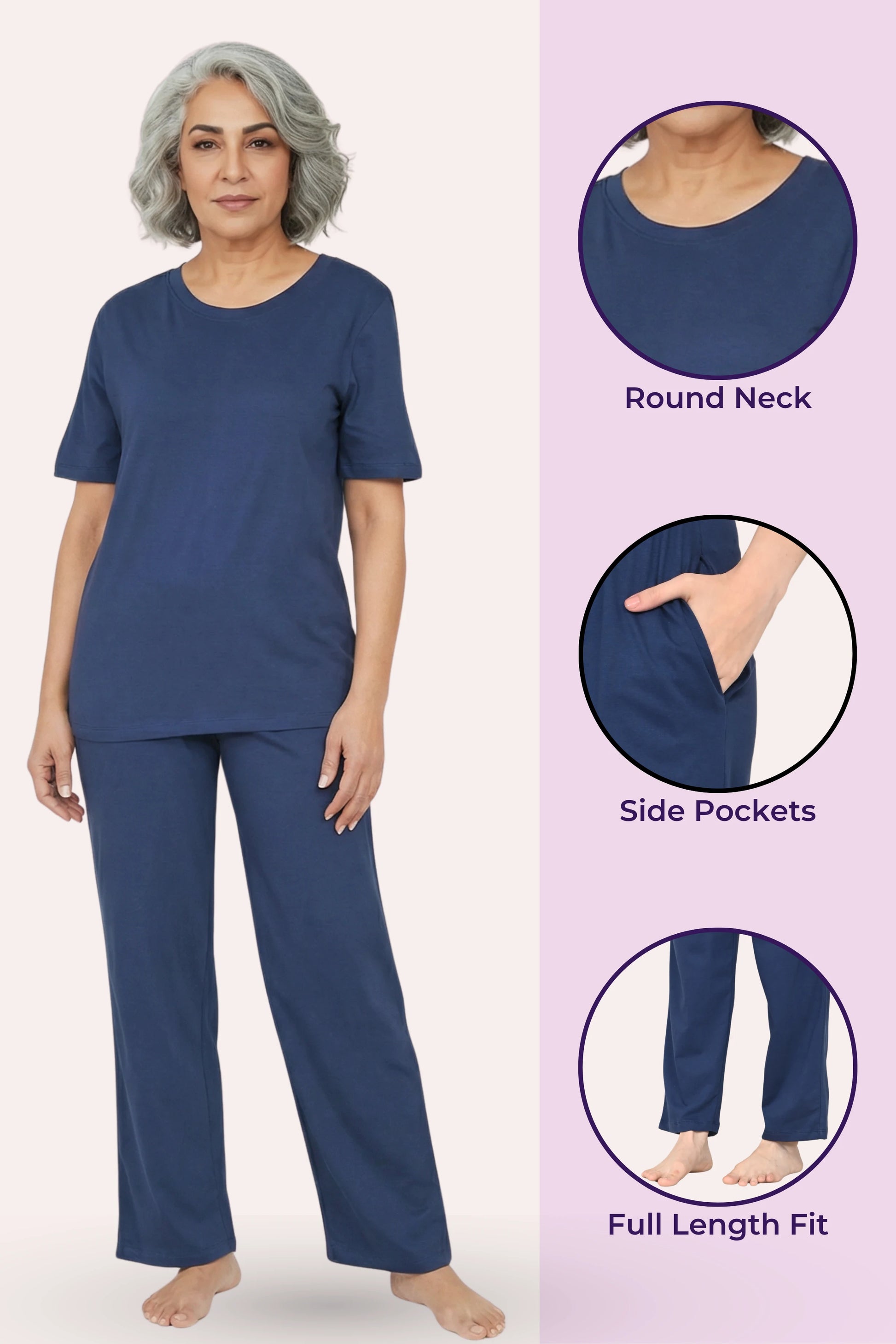 Woman wearing a airforce navy pajama set with product features highlighted