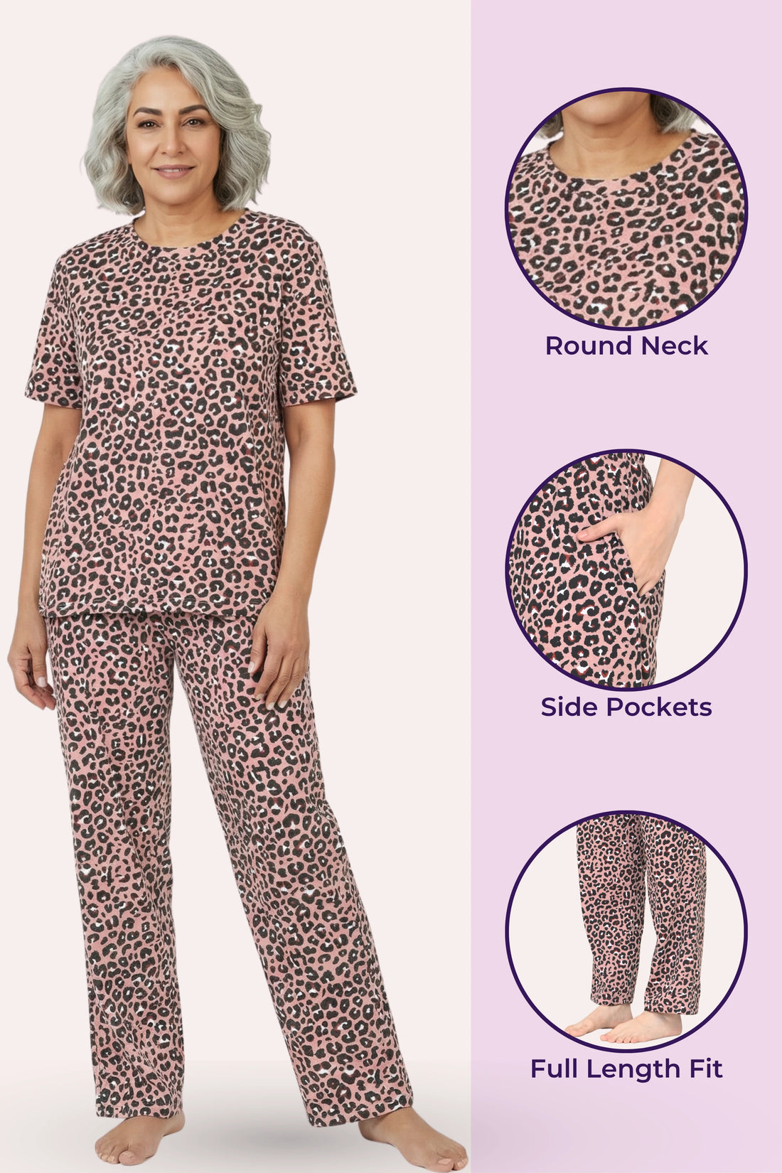 Woman wearing brown leopard print pajamas