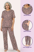 Woman wearing brown leopard print pajama set with product details