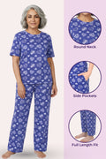 Woman wearing a navy hearts pajama set with heart patterns, accompanied by close-up details