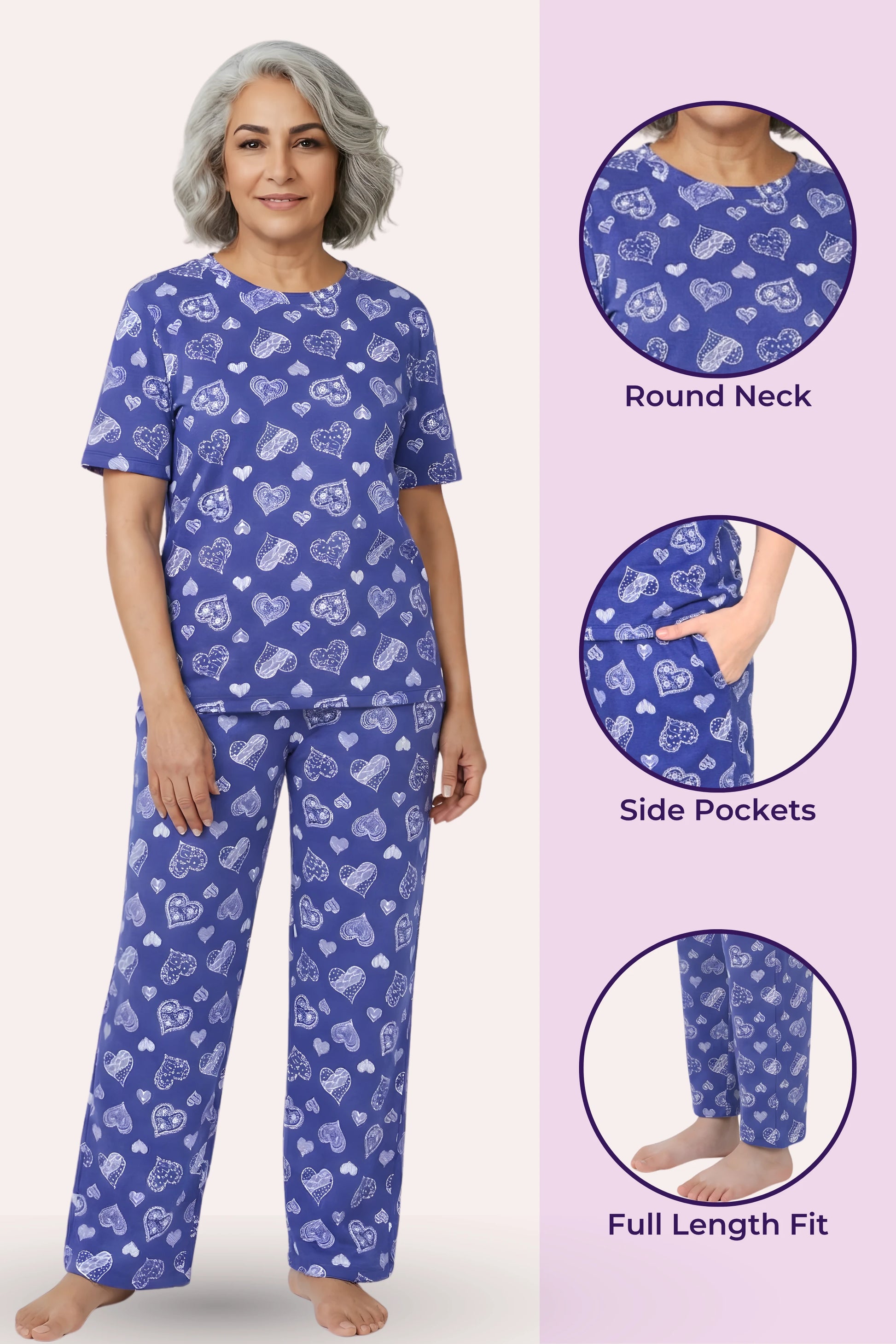 Woman wearing a navy hearts pajama set with heart patterns, accompanied by close-up details